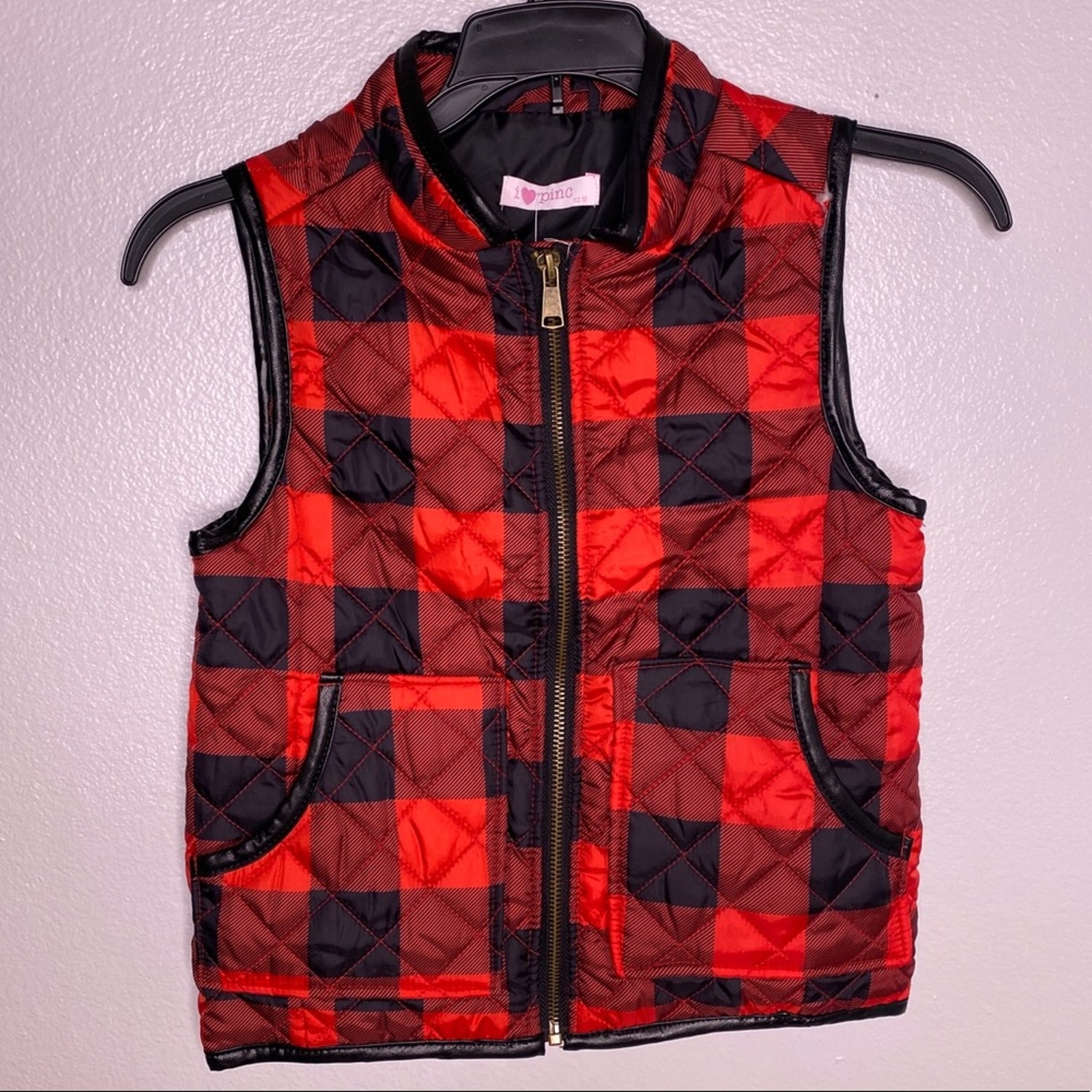 Pinc Red And Black Plaid Puffer Vest Medium